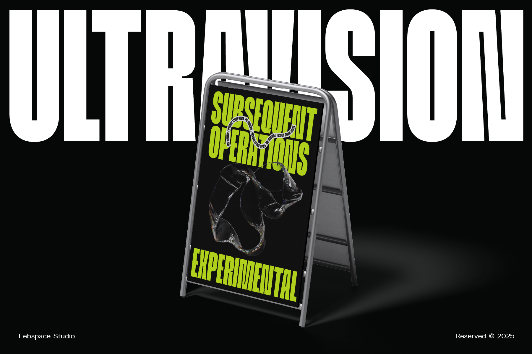 A-frame sidewalk sign with neon yellow Subsequent Operations text on black background