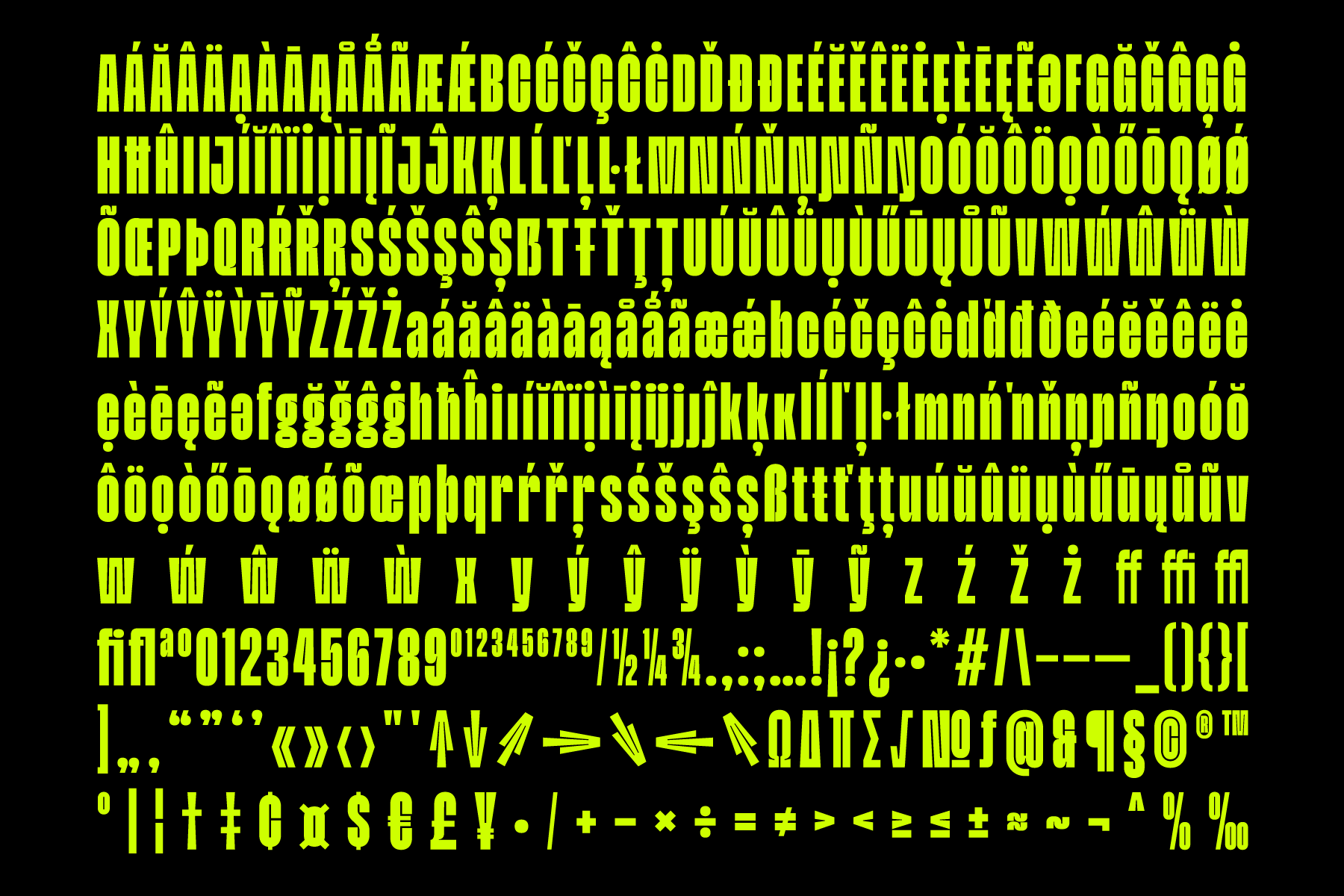 Bright neon yellow font character set showing complete alphabet numbers symbols