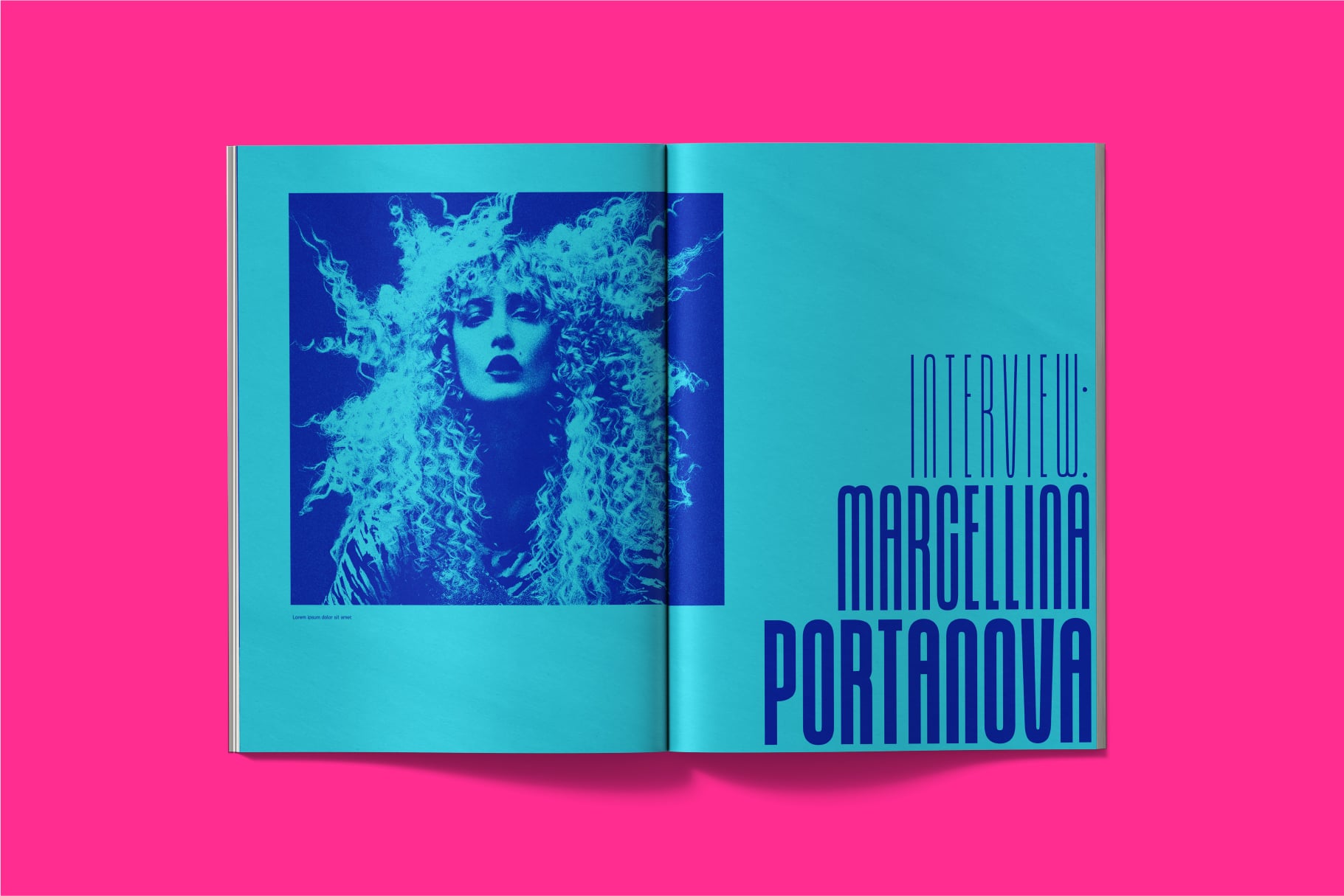 Open magazine spread with blue portrait photo, Editorial Paradox typeface on right page