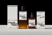 Skincare mockup series displaying amber dropper bottle, packaging mockups on white