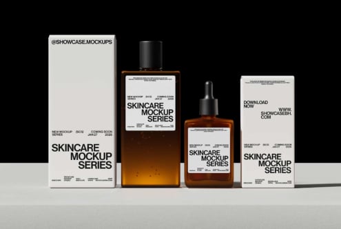 Skincare mockup series displaying amber dropper bottle, packaging mockups on white