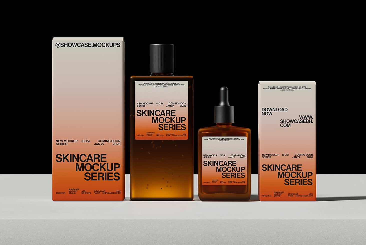 Skincare mockup series showing amber bottles, boxes with orange gradient labels