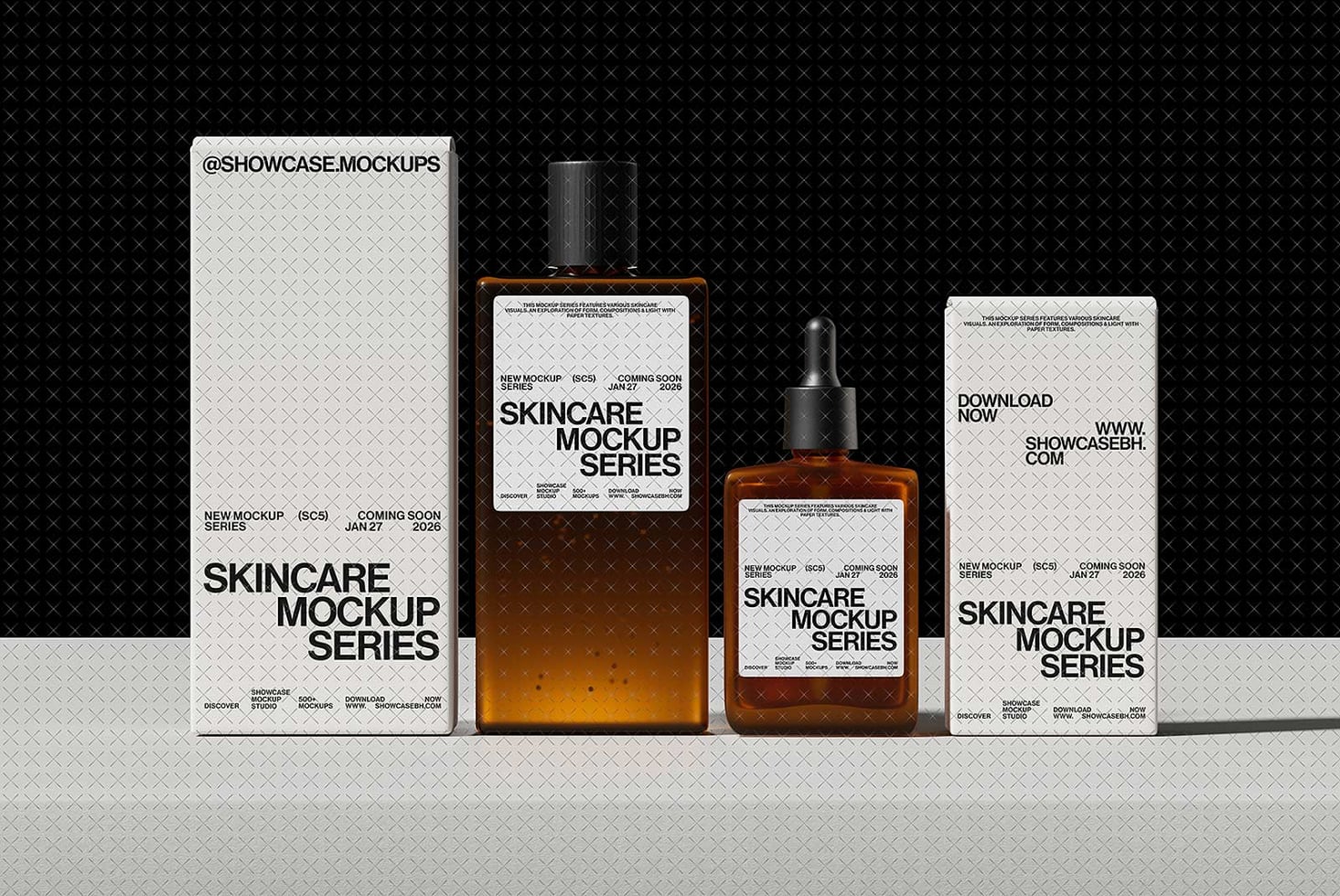 Four skincare containers arranged left to right including tube, bottles, jars