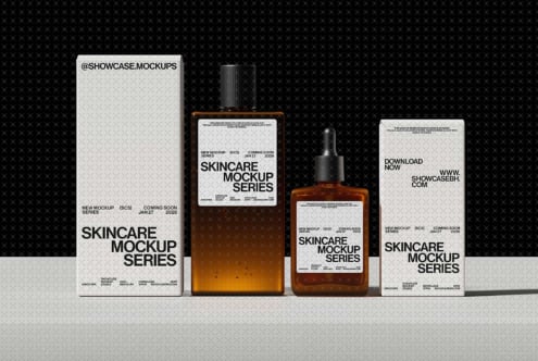 Four skincare containers arranged left to right including tube, bottles, jars