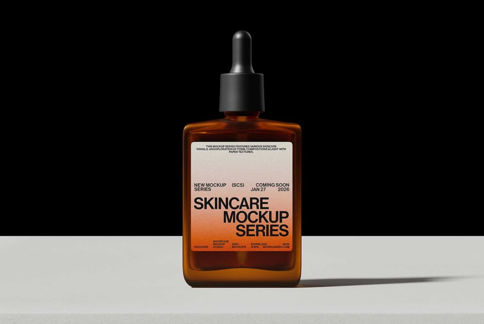 Amber dropper bottle with orange label mockup, black dropper cap