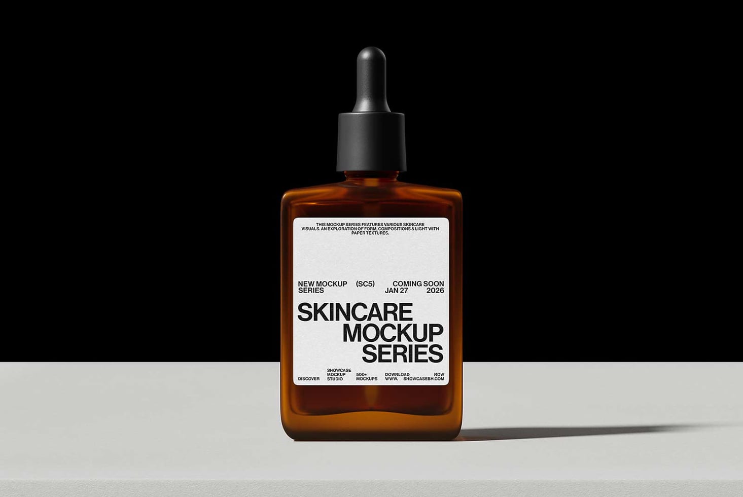 Amber dropper bottle with white label mockup, black dropper cap