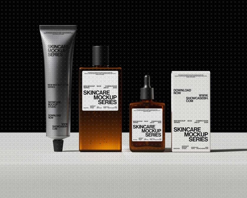 Complete skincare mockup set with tube, bottles, droppers on crosshatch surface