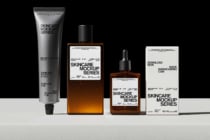 Silver tube, amber bottle, dropper, box mockups arranged in row