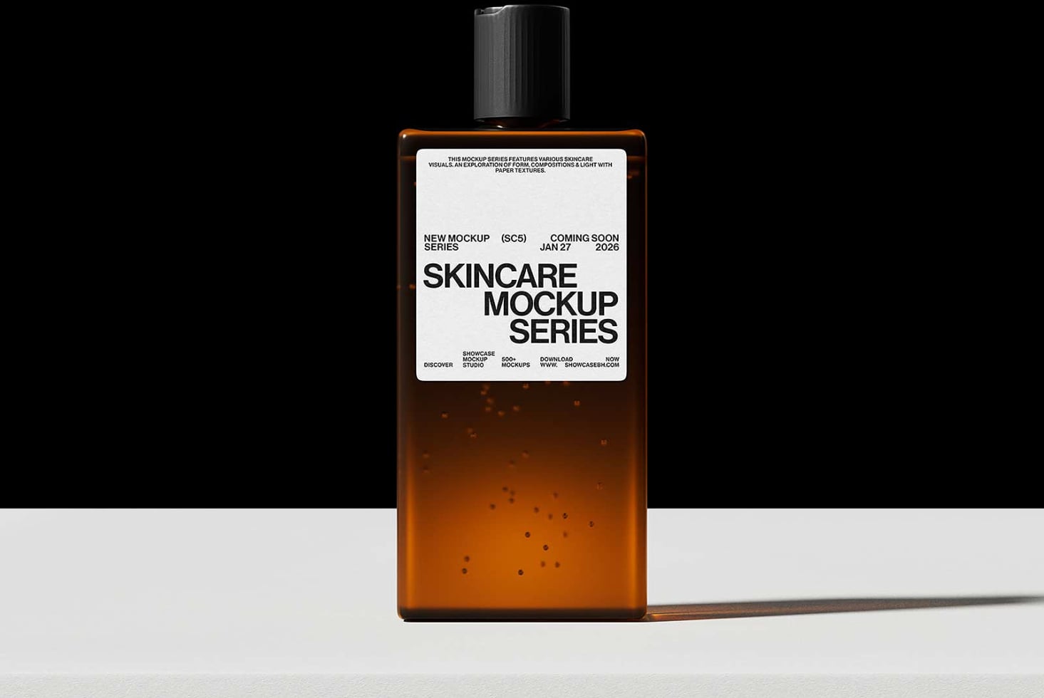 Amber glass bottle with white label mockup, black cap