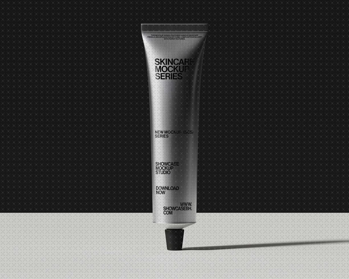 Silver metallic tube mockup for skincare product with crosshatch texture