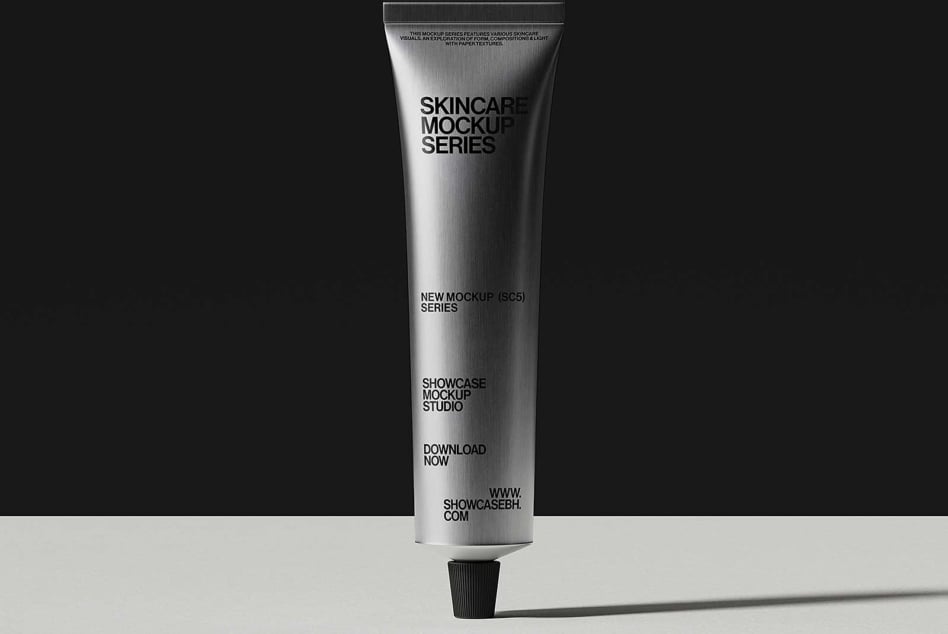Silver tube with skincare mockup label on black backdrop