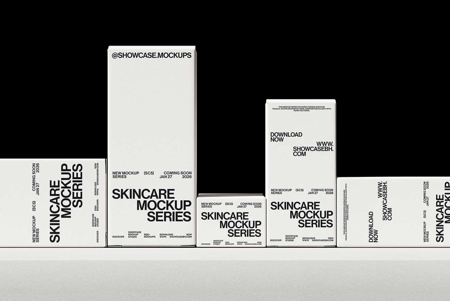 Monochrome box mockup series arranged horizontally on shelf