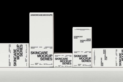 Monochrome box mockup series arranged horizontally on shelf
