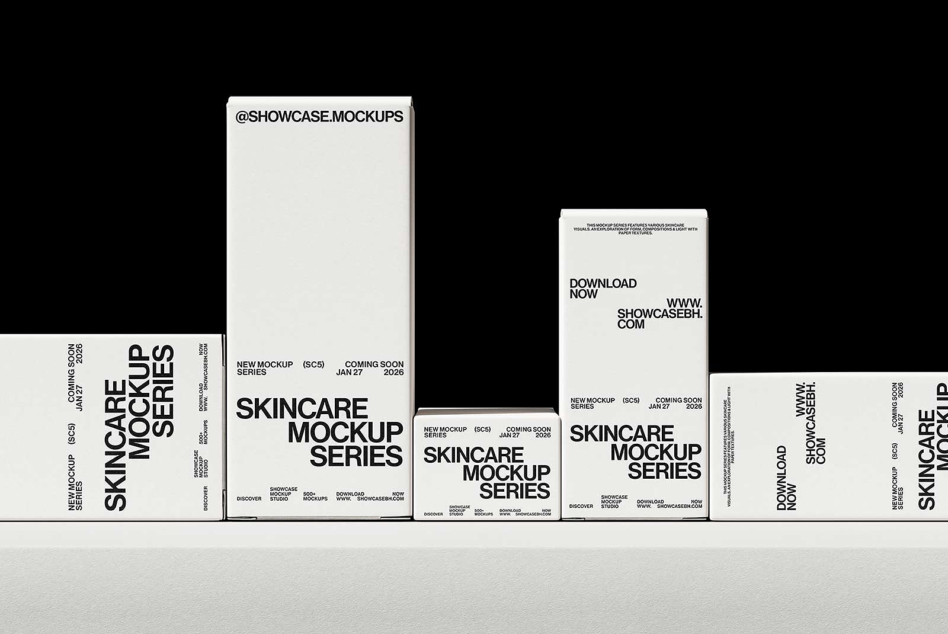 Monochrome box mockup series arranged horizontally on shelf