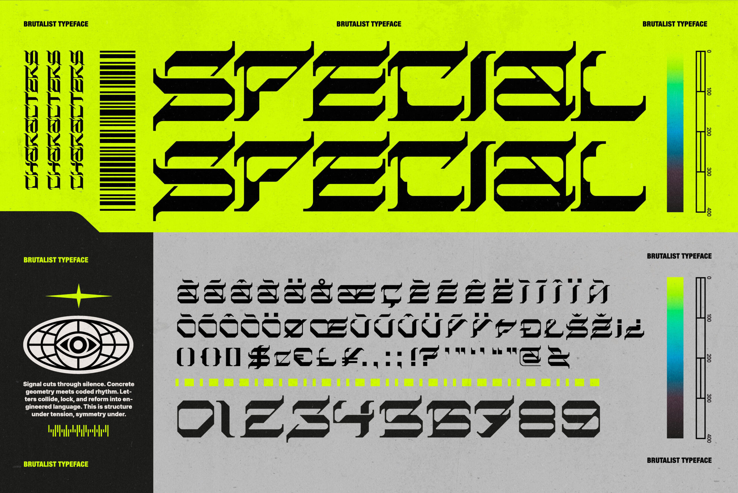 Character variations of brutalist typeface on neon yellow background with alternates shown below