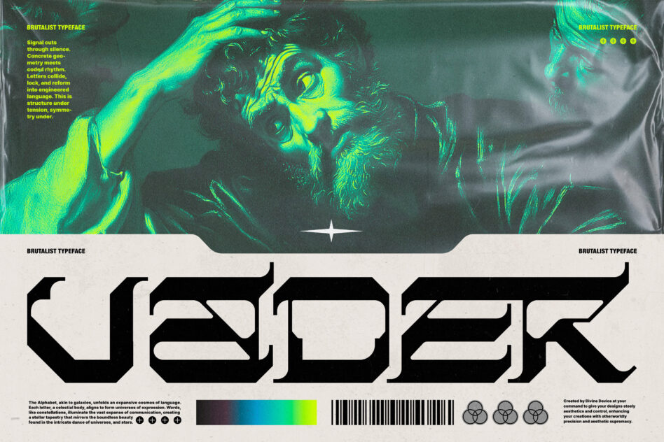 Brutalist typeface over thermal portrait with geometric patterns, neon yellow accent bars, designer details