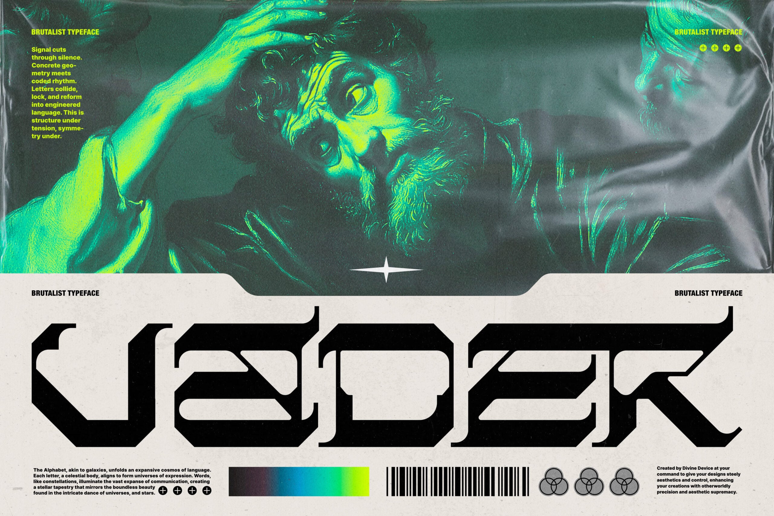 Brutalist typeface over thermal portrait with geometric patterns, neon yellow accent bars, designer details