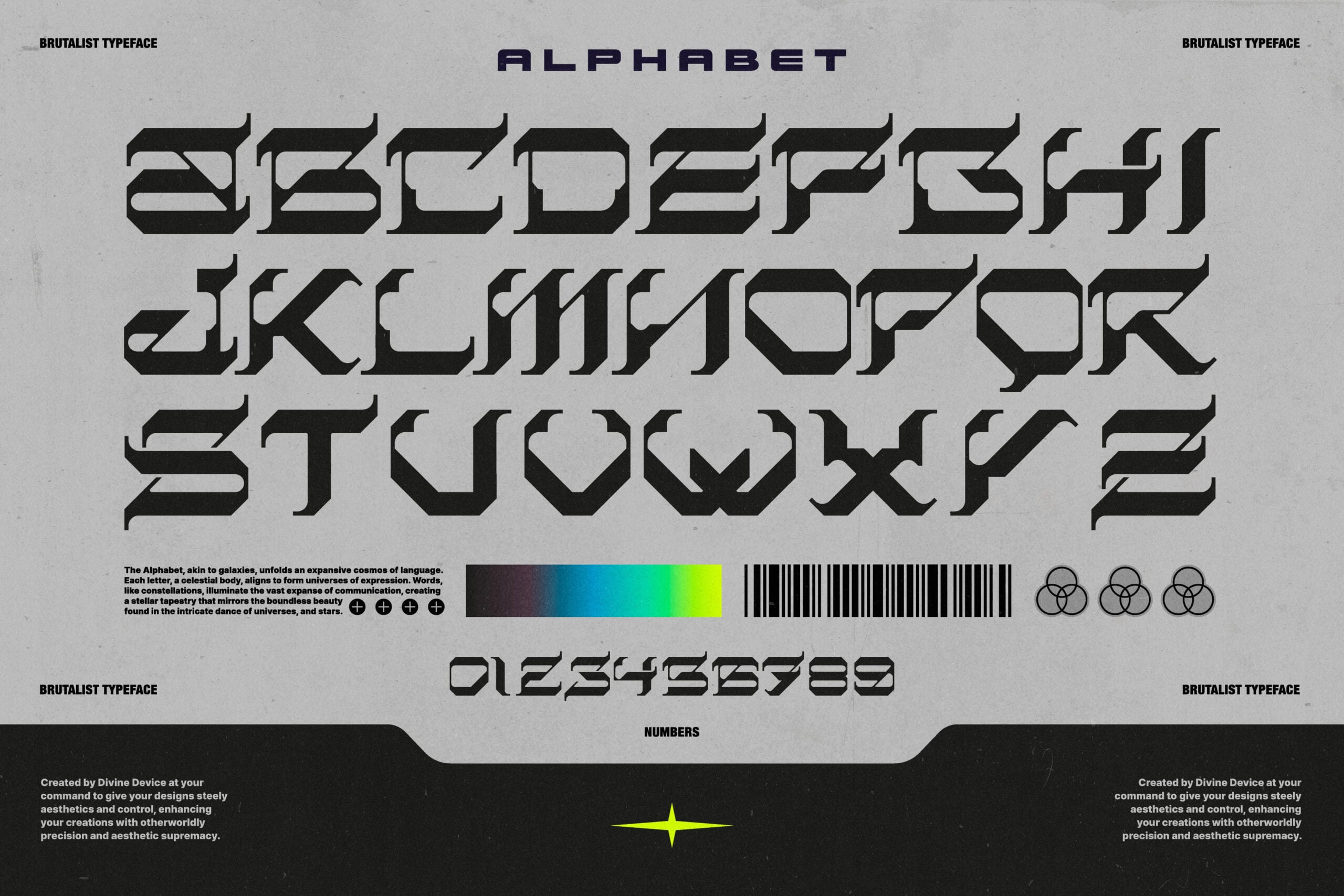 Brutalist typeface alphabet showing full character set with numbers, geometric construction details