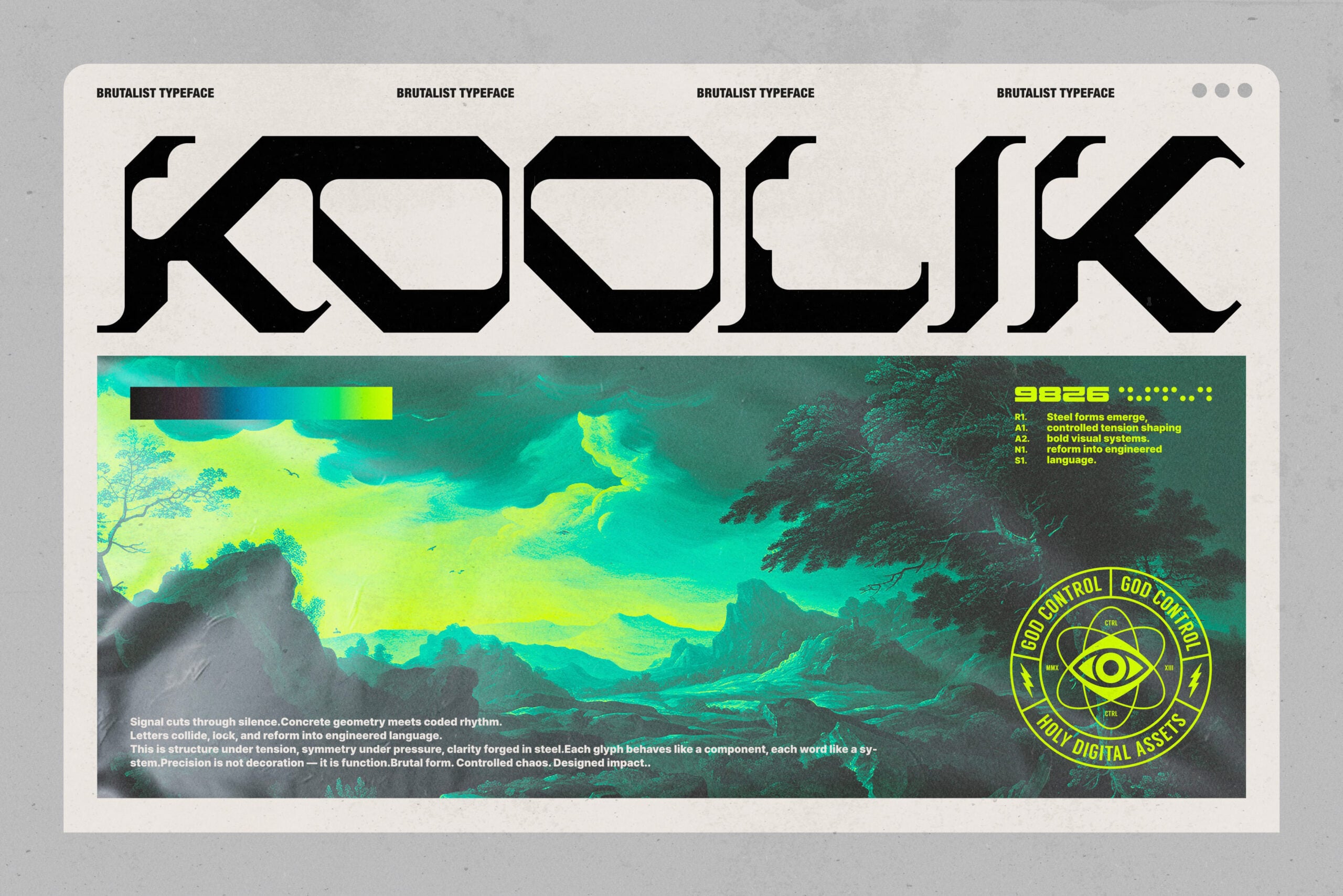 Brutalist typeface specimen on browser mockup with thermal landscape imagery, cyan neon accents