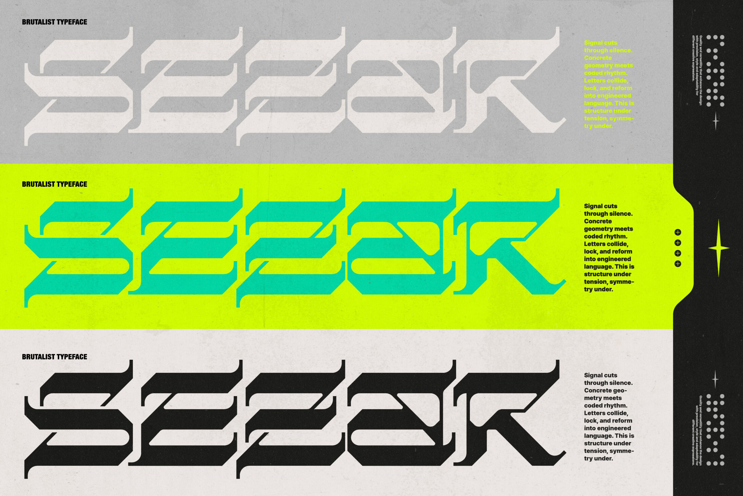 Brutalist typeface in three color variations: white, cyan neon, black with geometric structure breakdown