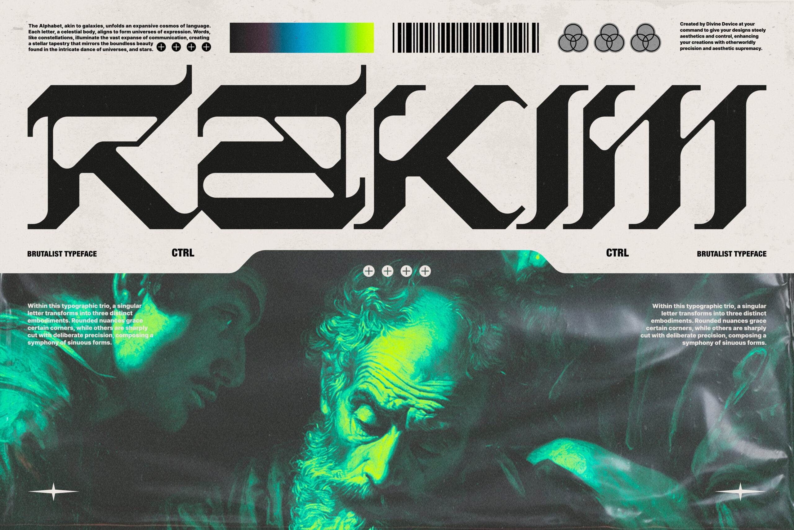 Brutalist typeface alphabet with neon overlay on thermal imagery, geometric elements in yellow lime