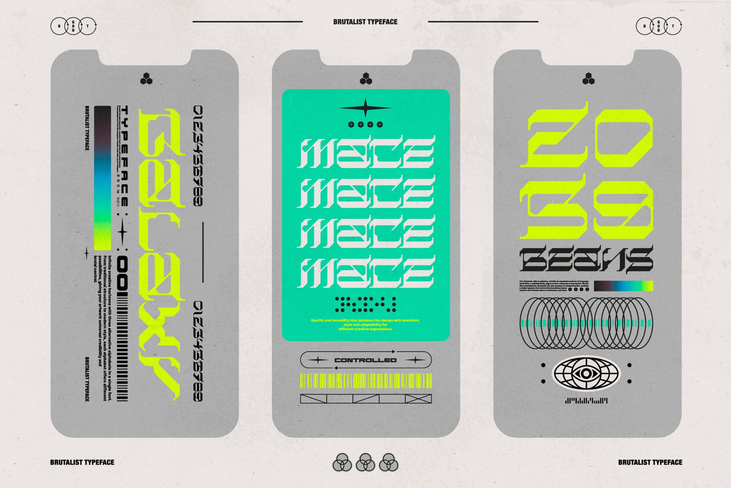 Three smartphone mockups displaying brutalist typeface designs in neon yellow, mint green, with geometric patterns