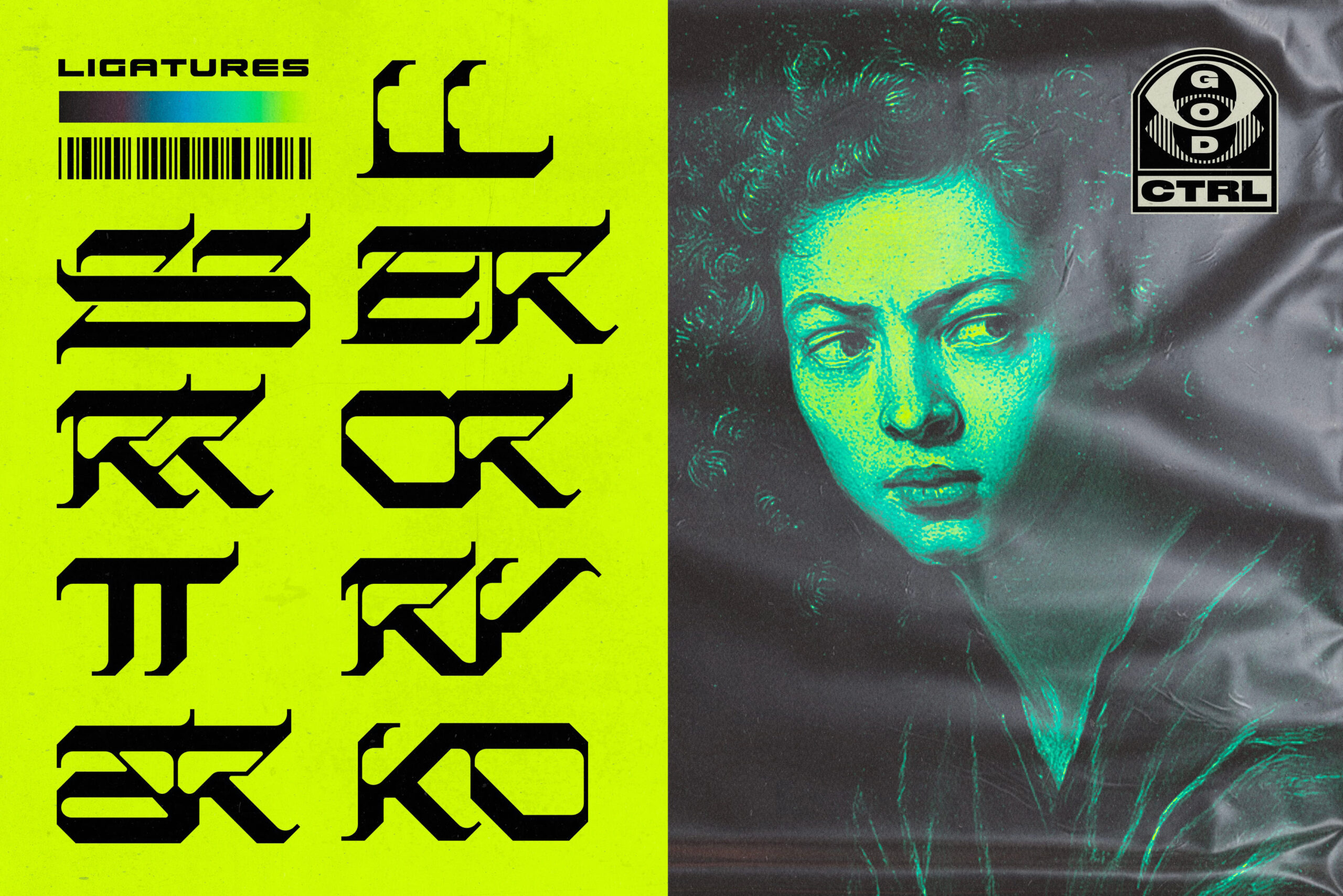 Neon yellow brutalist typeface specimen with cyan neon portrait overlay on dark textured background