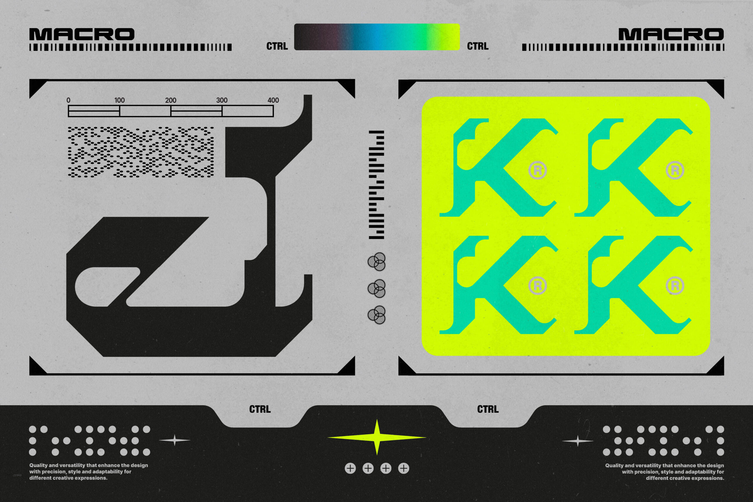 Font specimen sheet showing brutalist K character in multiple layouts with color swatches