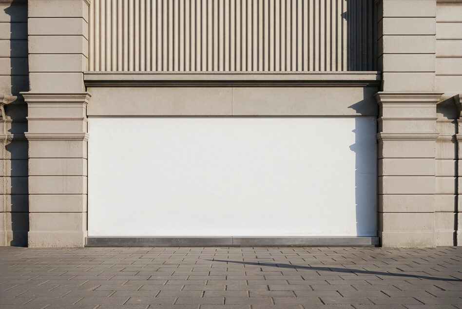 Blank storefront window with cream architectural trim in daylight