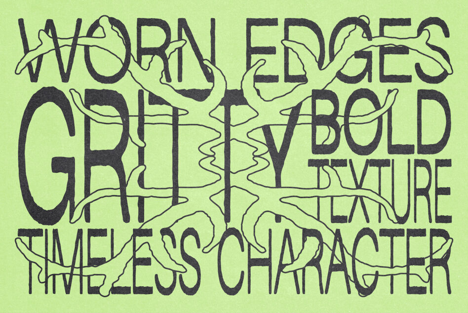 Worn edges typeface with organic line overlays, bold letters on lime green
