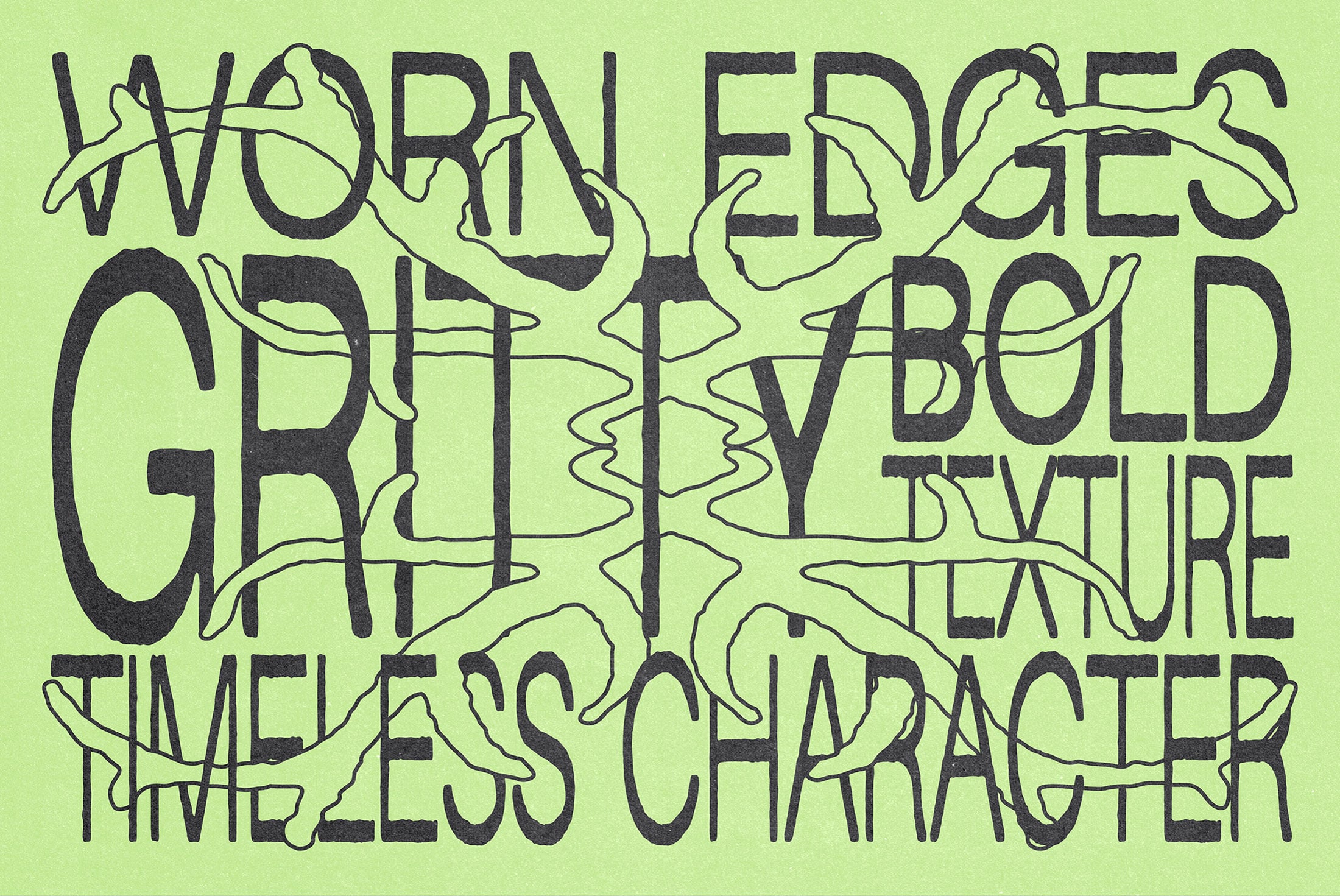 Worn edges typeface with organic line overlays, bold letters on lime green