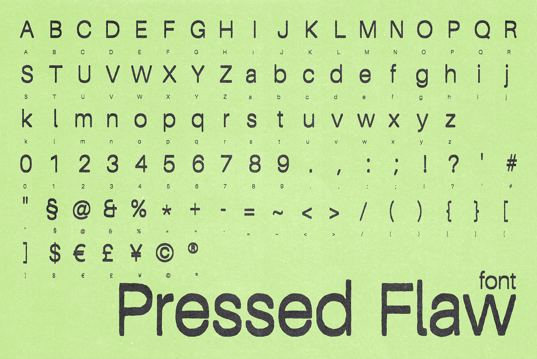Pressed Flaw font character set displayed with full alphabet on lime