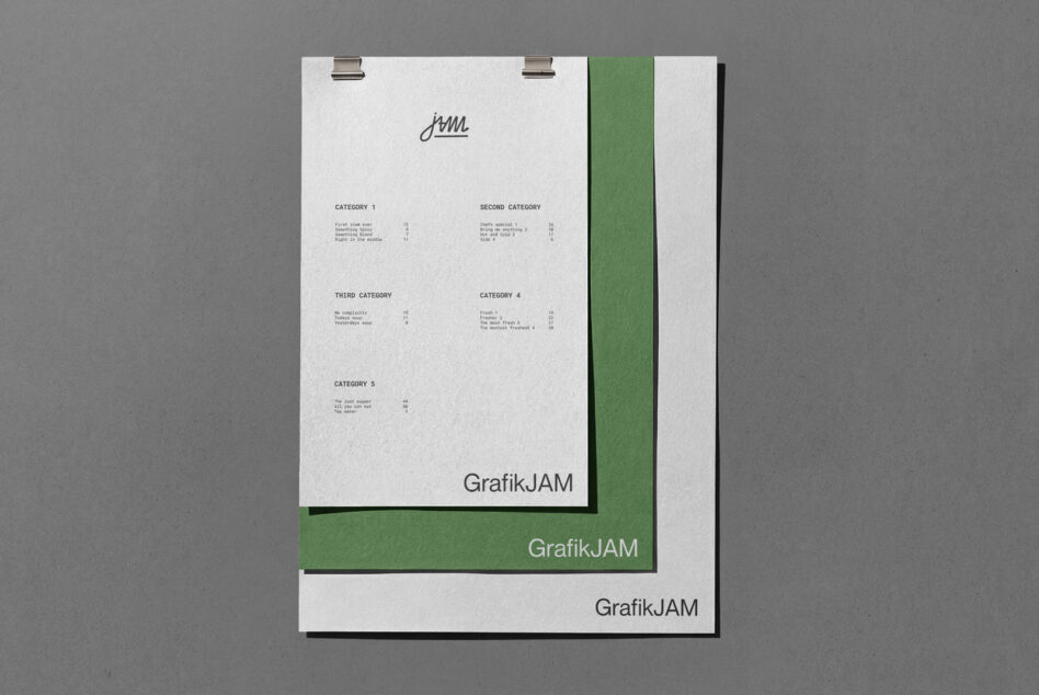Stacked clipboard mockups with cream cover, green spine, showing menu layout
