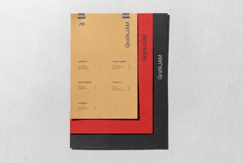 Layered clipboard mockups in tan, red, charcoal with category menu design