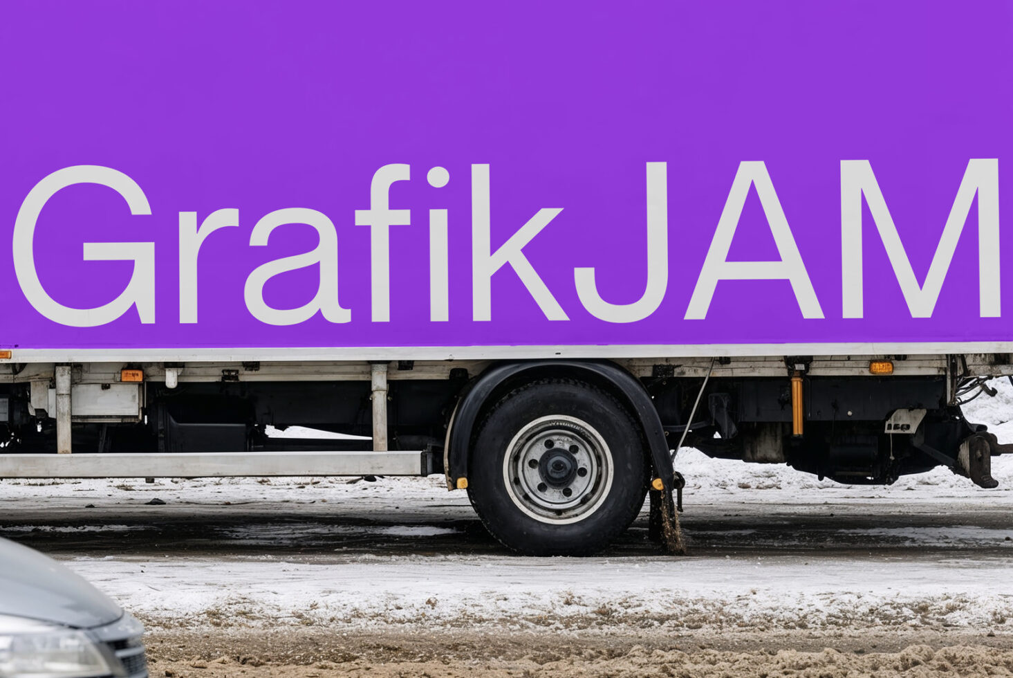 Truck side panel mockup with vibrant purple background, white lettering
