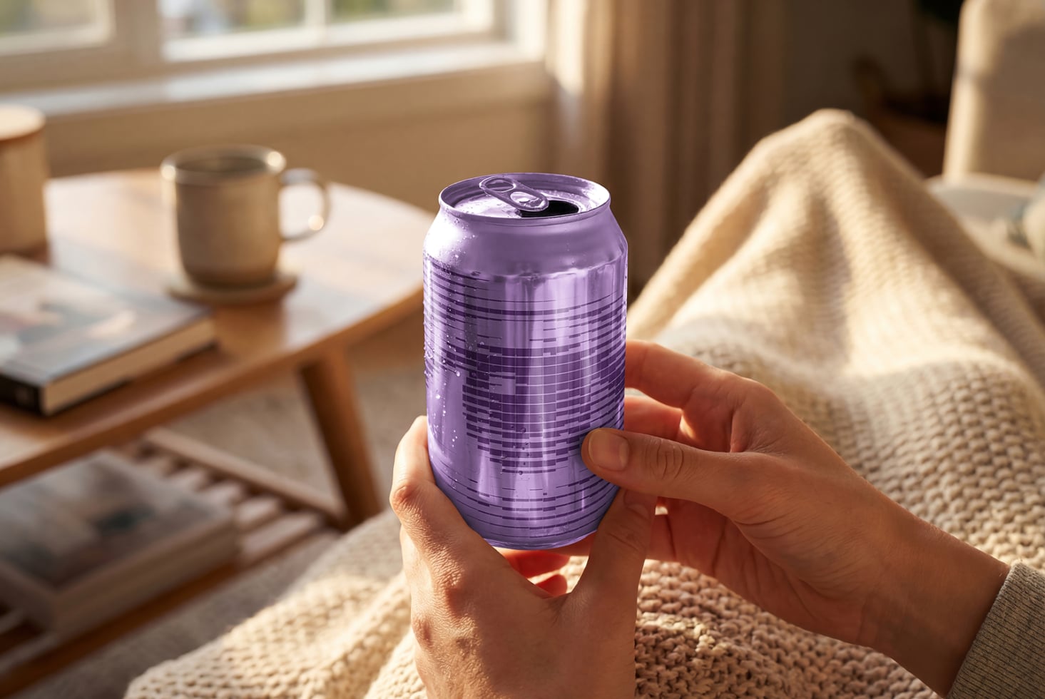 Purple aluminum can with geometric pattern held in hands in bright living room