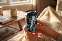 Black aluminum can with photo print held in hands in bright minimalist space