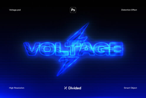 Bright blue neon 'Voltage' text with glitch effect on dark background