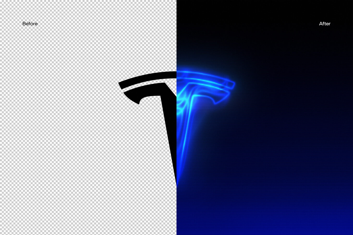 Before after split showing bright neon glow applied to curved arrow element