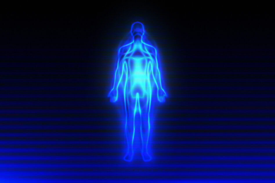 Cyan neon glowing human figure silhouette on black background