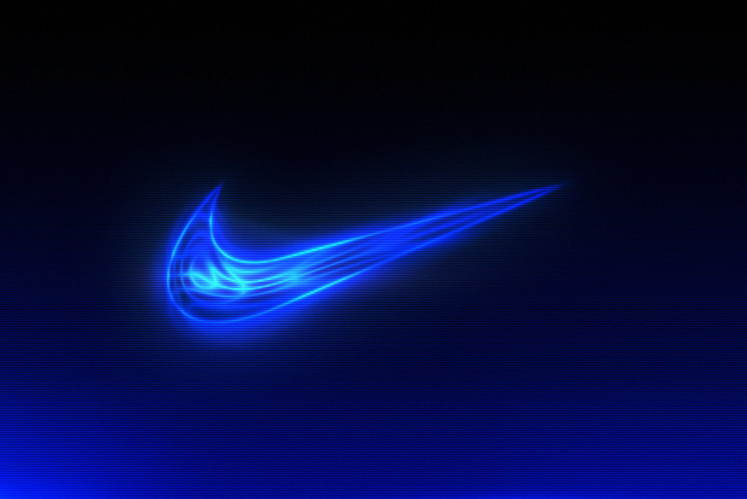 Nike swoosh logo rendered in bright blue neon glow with scanline effect