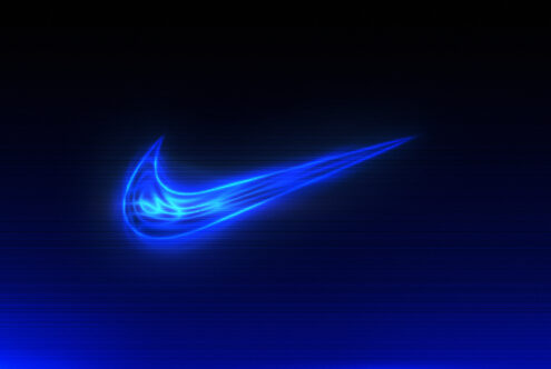 Nike swoosh logo rendered in bright blue neon glow with scanline effect