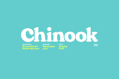 Chinook typeface title with designer info on turquoise background
