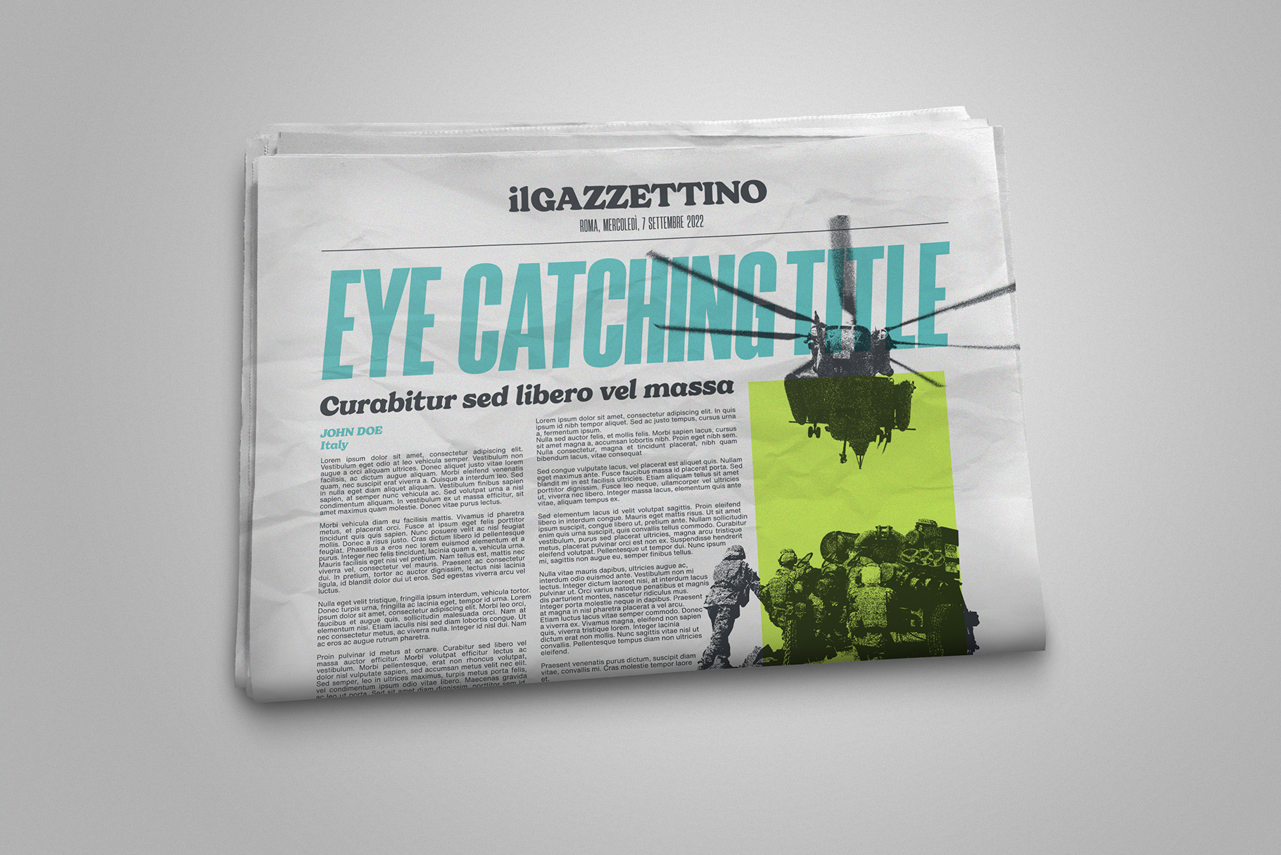 Il Gazzettino newspaper mockup with turquoise headline, helicopter imagery, green accent