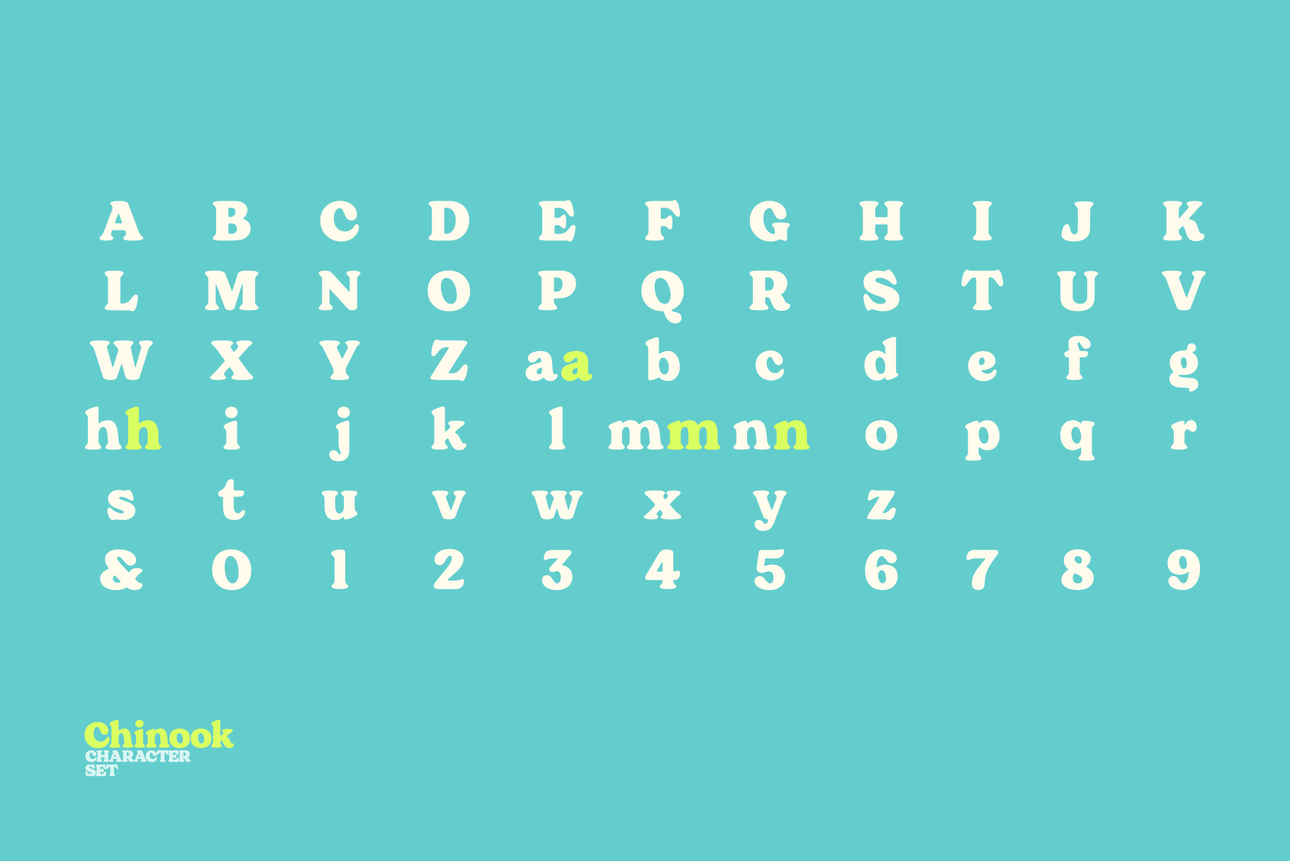 Chinook typeface showing full character set with uppercase, lowercase, numbers on turquoise