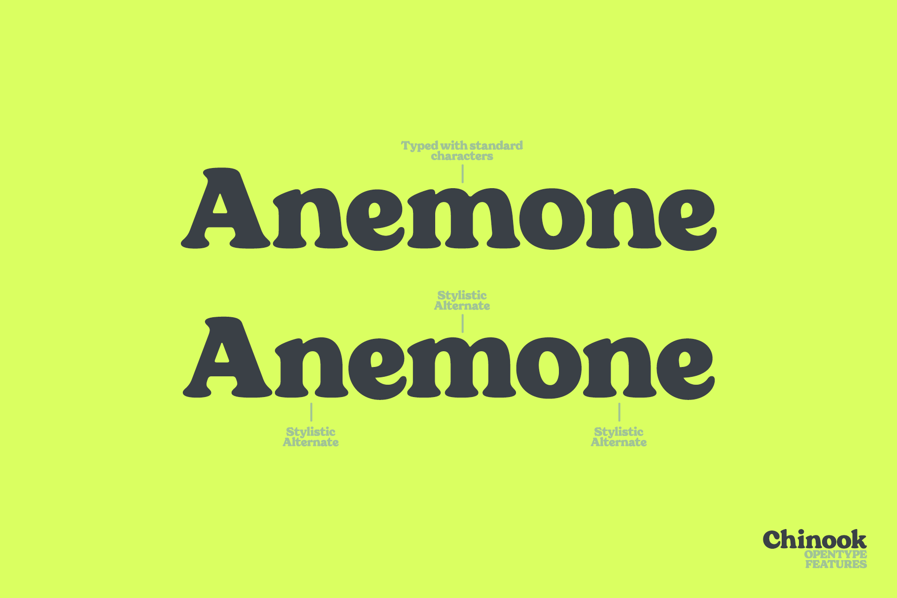 Anemone typeface showing alternate characters on bright neon green background