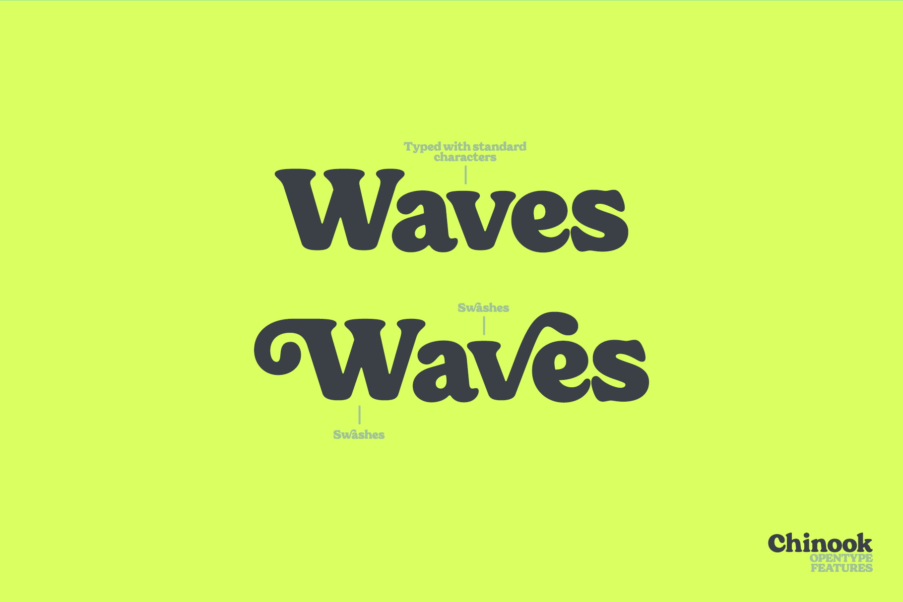 Chinook font showing Waves in two styles with swashes on neon yellow