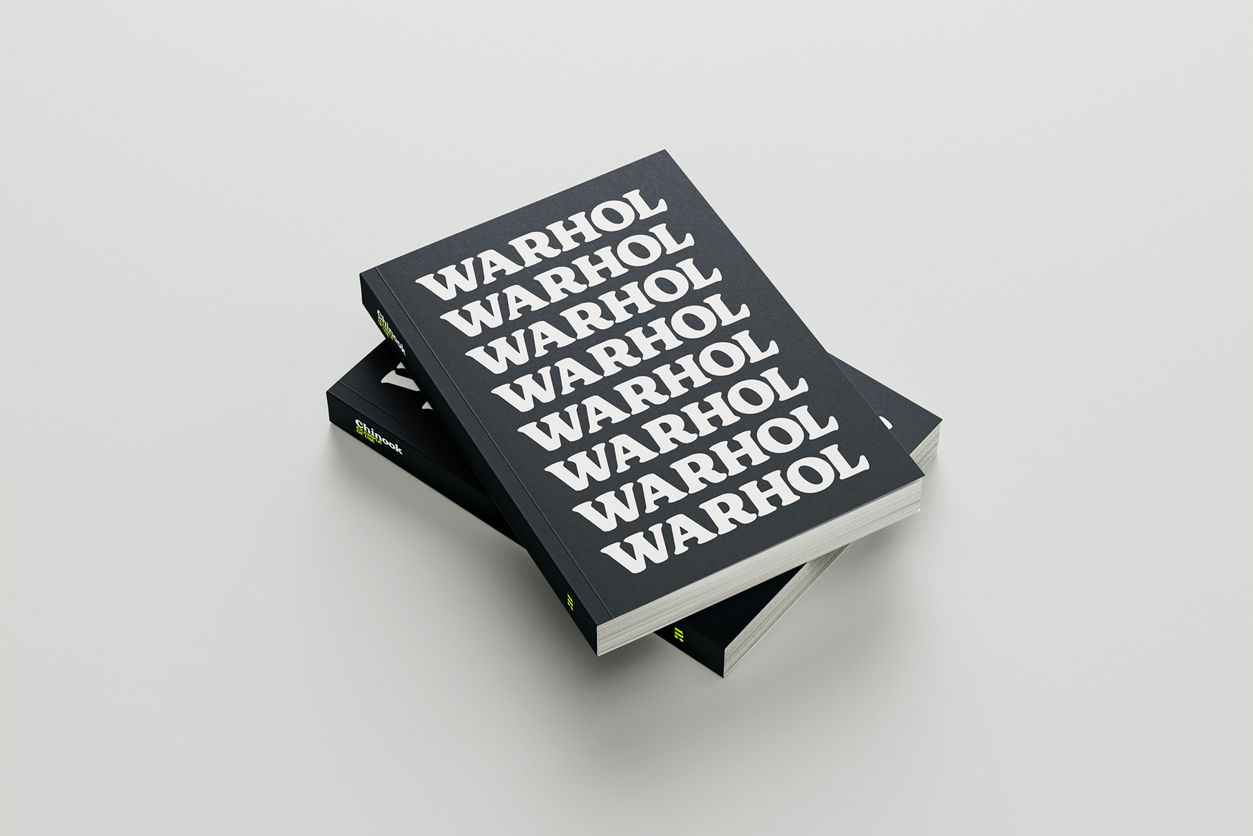 Stacked black hardcover books with Warhol repeated in white typography