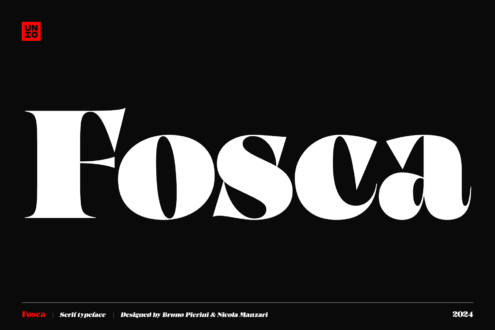 Fosca serif typeface in large white letters on black background