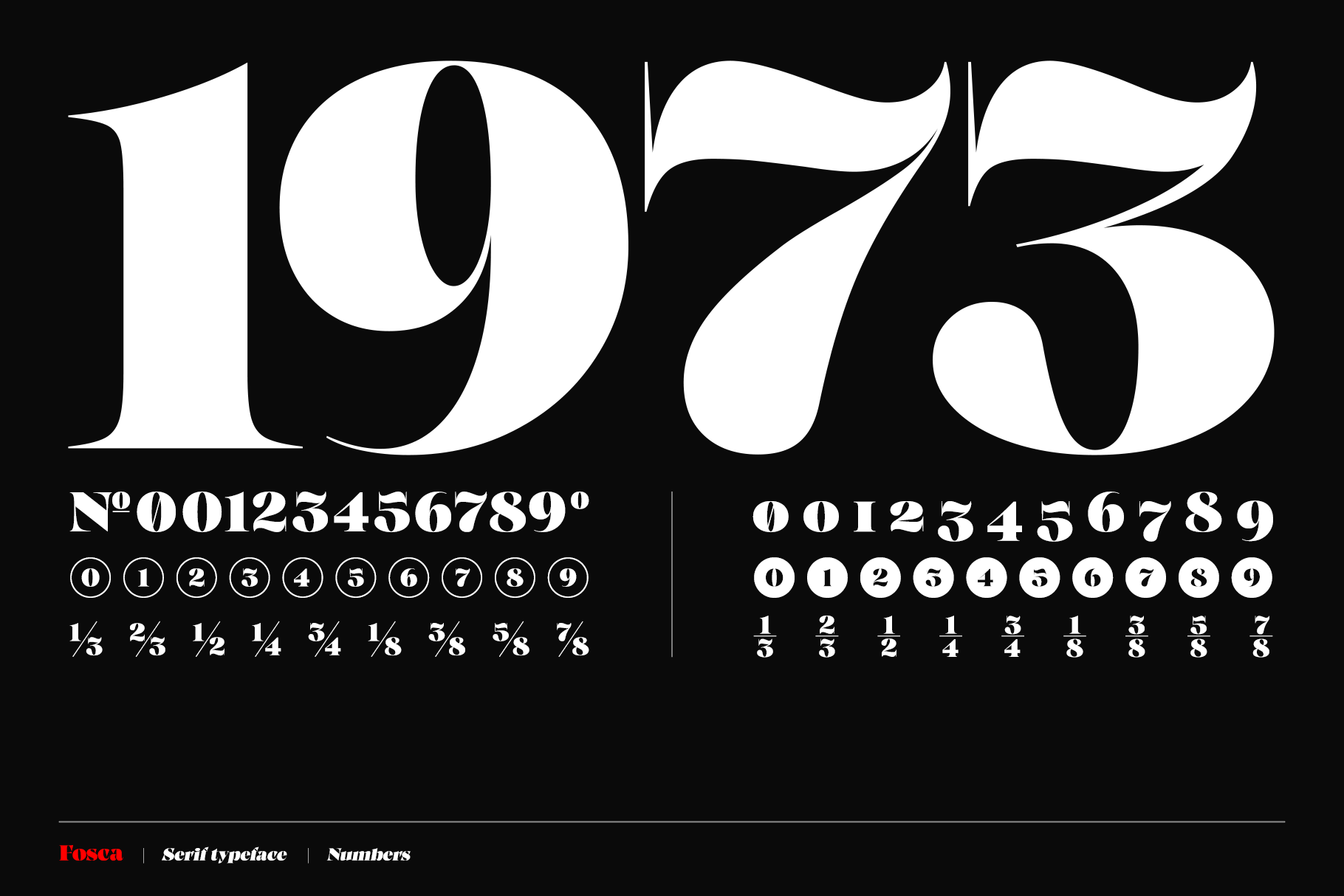 Fosca serif font character set showing 1973 with numbers, fractions, ordinals on black